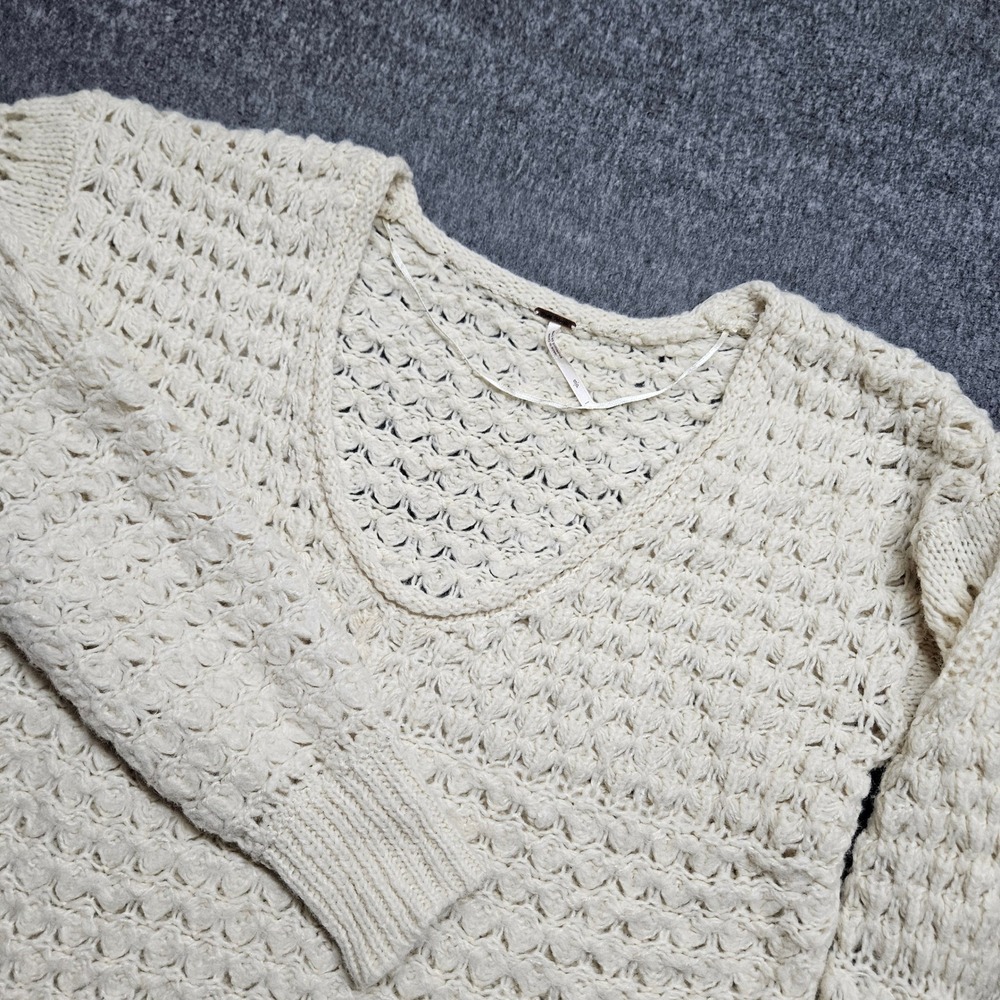 Free People Sweater Womens Small Ivory White Wool Blend V-Neck Open Knit Boho